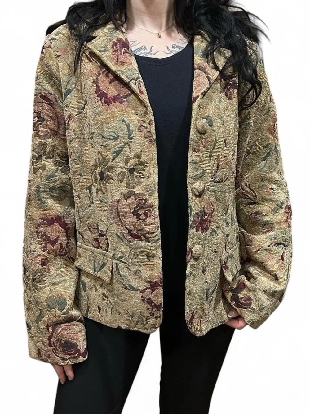 Women's Floral Tapestry Blazer Jacket in Beige and Burgundy